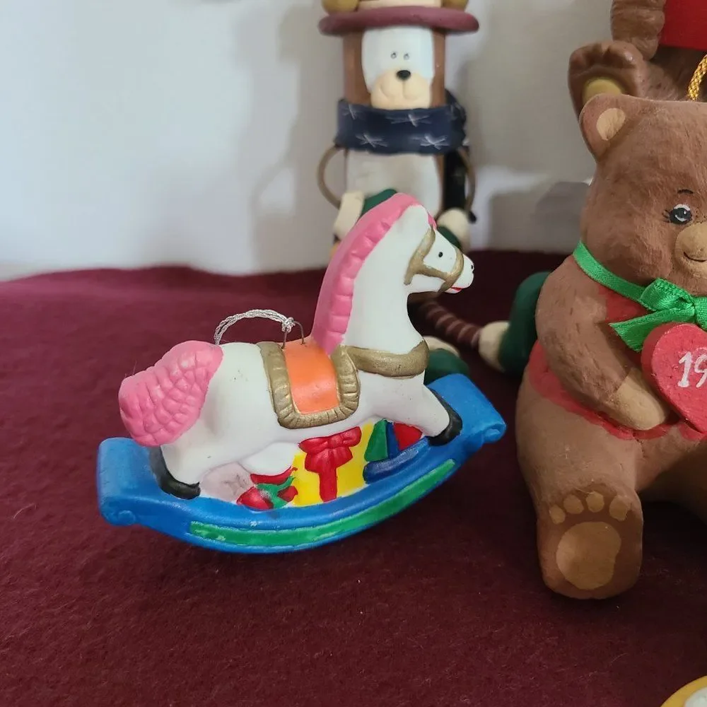 Vintage Christmas Animals Ornaments and Stocking Hanger Bundle Nine Items Lot